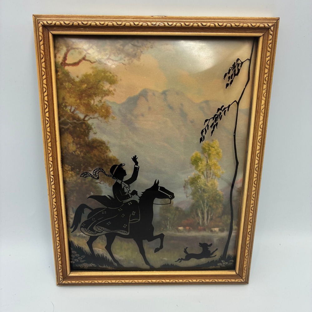 Vintage Reverse Painted Glass Silhouette Art Woman on Horseback Gold Frame
